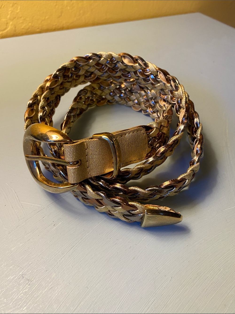Braided Belt of Copper, Silver & Gold Metallic Faux Leather